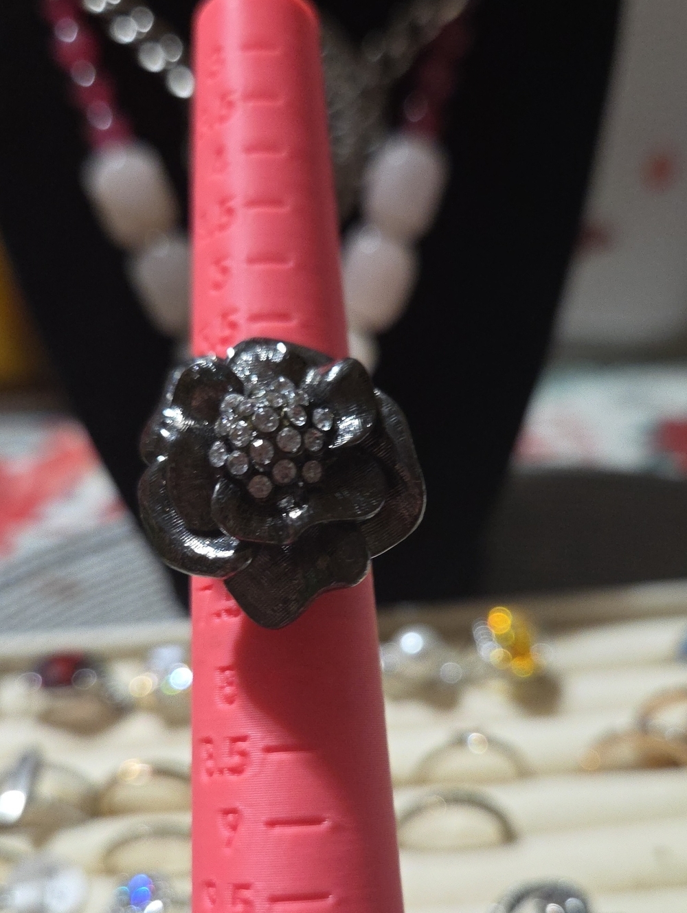 Gunmetal 90's Goth/Punk Ring - Black Flower